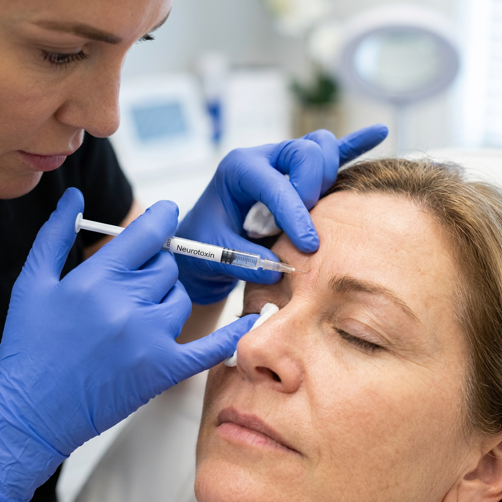 Clinician administering a neurotoxin injection near a patient's forehead