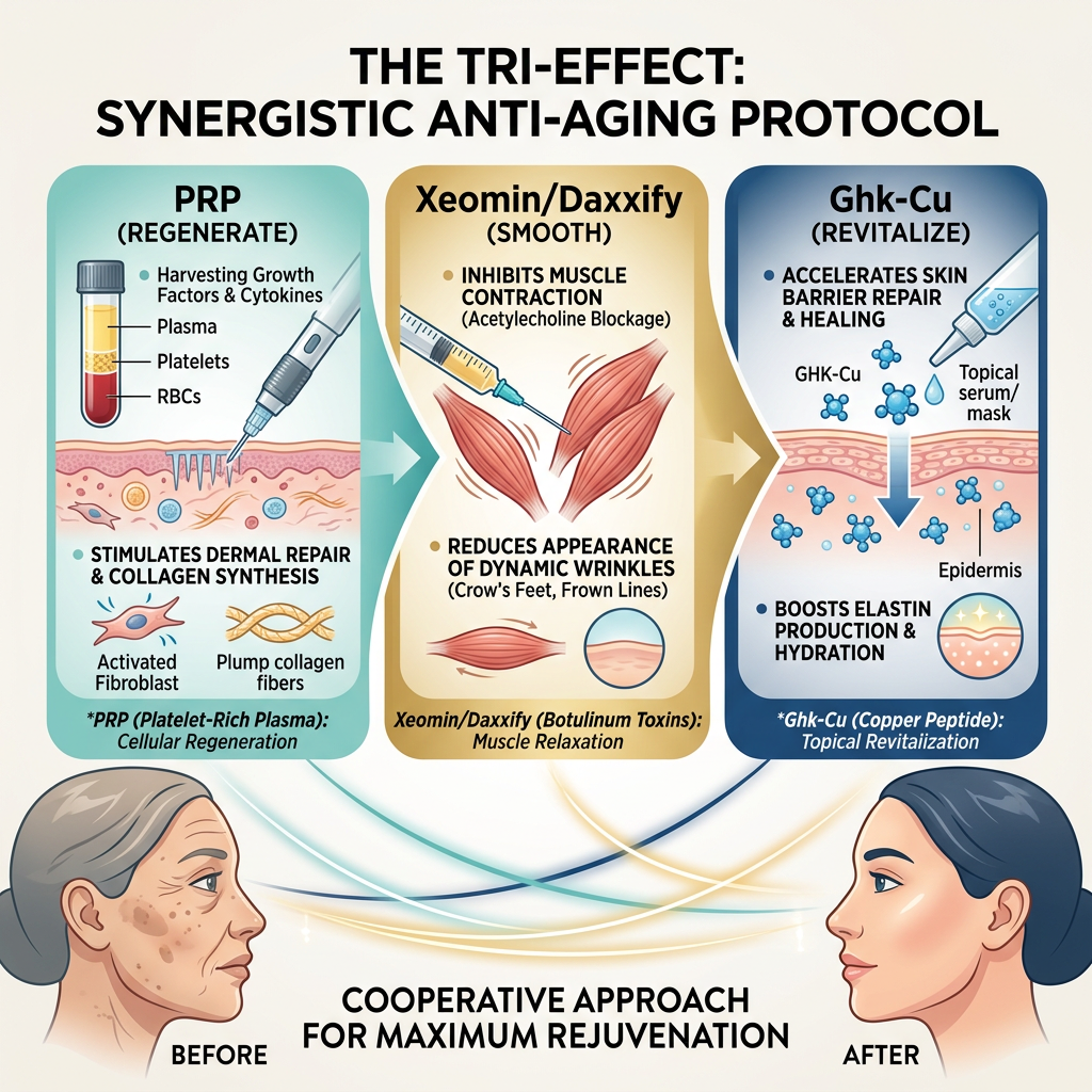 Infographic titled “The Tri-Effect: Synergistic Anti-Aging Protocol,” showing PRP, Xeomin/Daxxify, and GHK-Cu benefits with before-and-after faces.