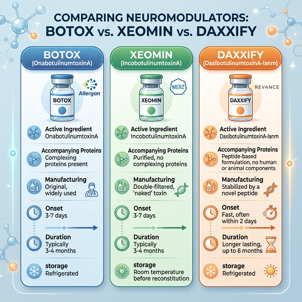 Infographic comparing Botox, Xeomin, and Daxxify: ingredients, proteins, manufacturing, onset, duration, and storage.